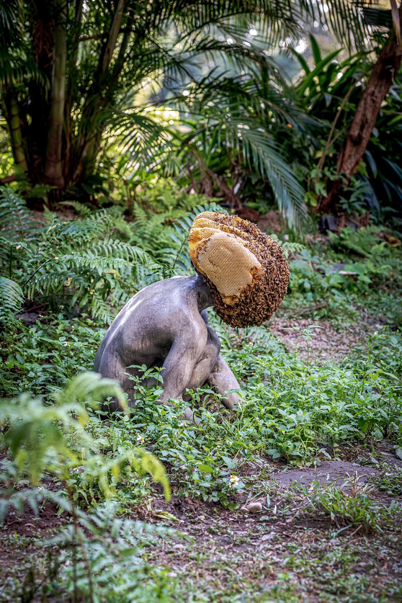 In the garden besides the south entrance of the museum,?a beehive grows on the head of the sculpture of a woman.?Pierre Huyghe seeks less to build objects with well-defined edges, frozen in marble like a modernist sculpture, than to?create systems in which the inanimate and the living, mineral,?animal, plant, the symbolic and the real are undifferentiated,?in works that are ultimately “self-organizing” and “co-evolving.”